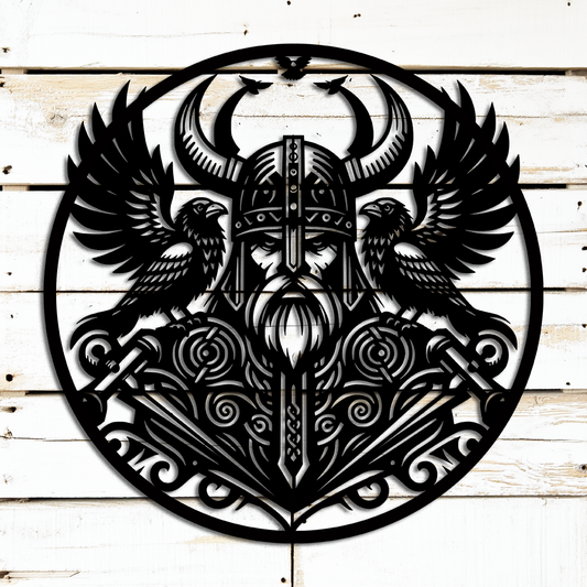 Viking warrior metal wall art – Norse mythology Odin raven decor